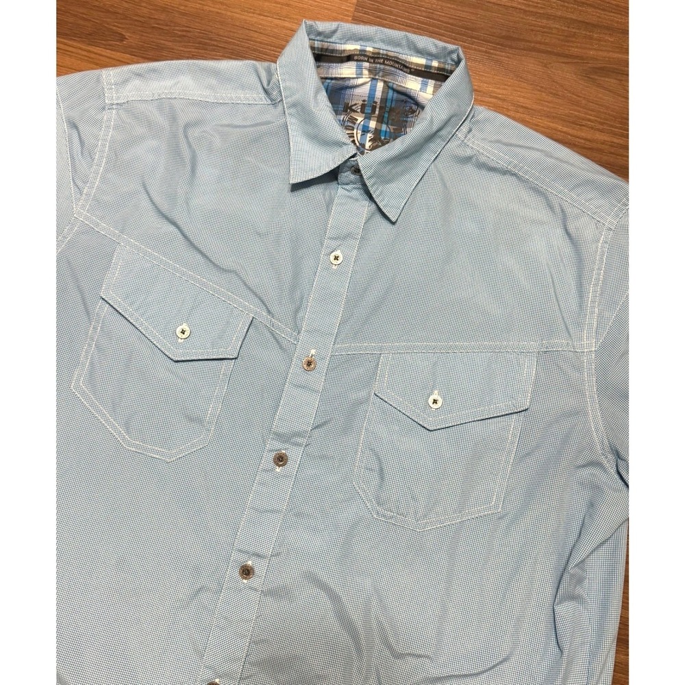 Kuhl Eluxur Mens Blue Micro Check SS Performance Button Down Shirt Sz L *READ*